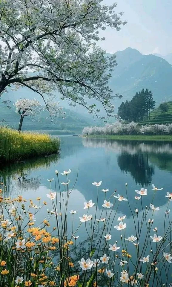 a lake surrounded by flowers and a tree