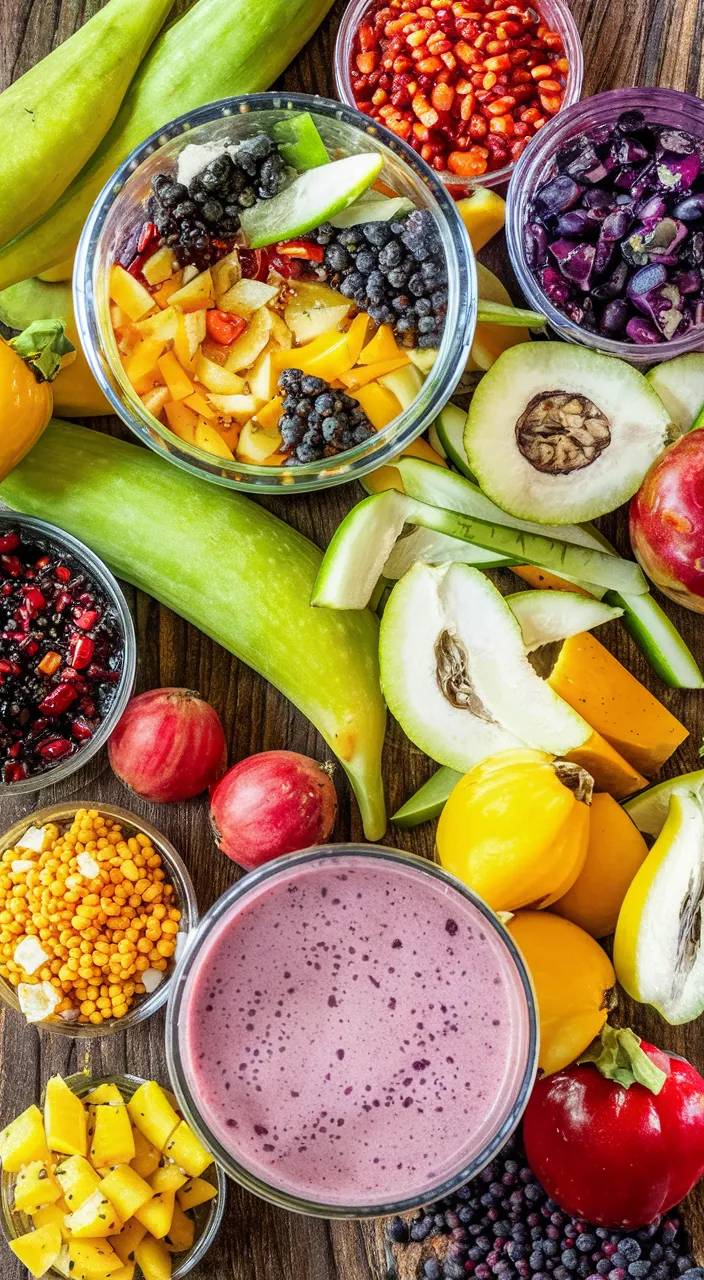 a wooden table topped with bowls of fruit and vegetables