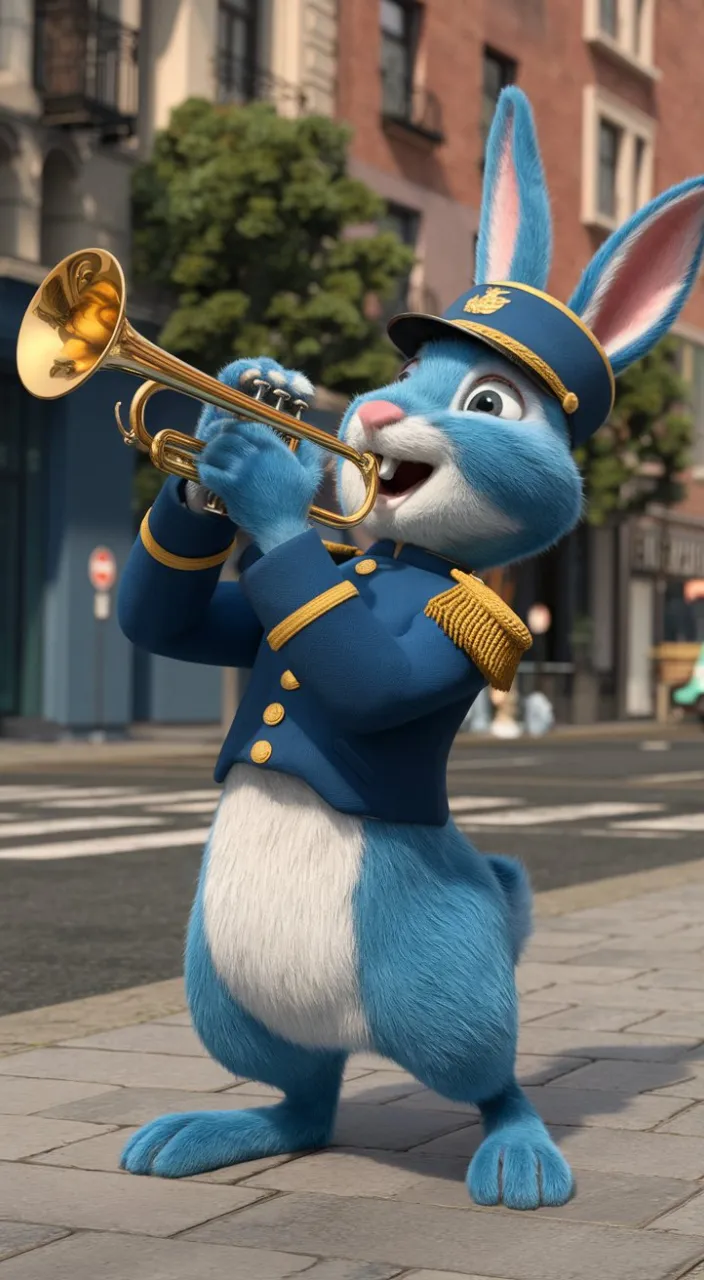 a cartoon rabbit playing a trumpet on a city street