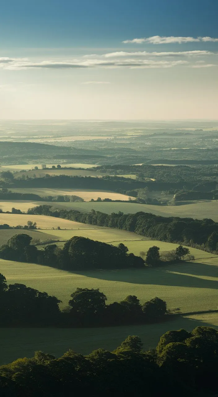 A sweeping aerial view of a serene countryside landscape, bathed in the soft morning light, with fields and forests stretching to the horizon.