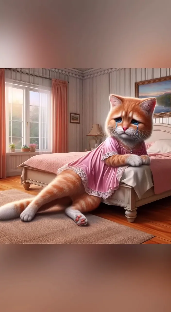 a cat in a pink dress laying on a bed