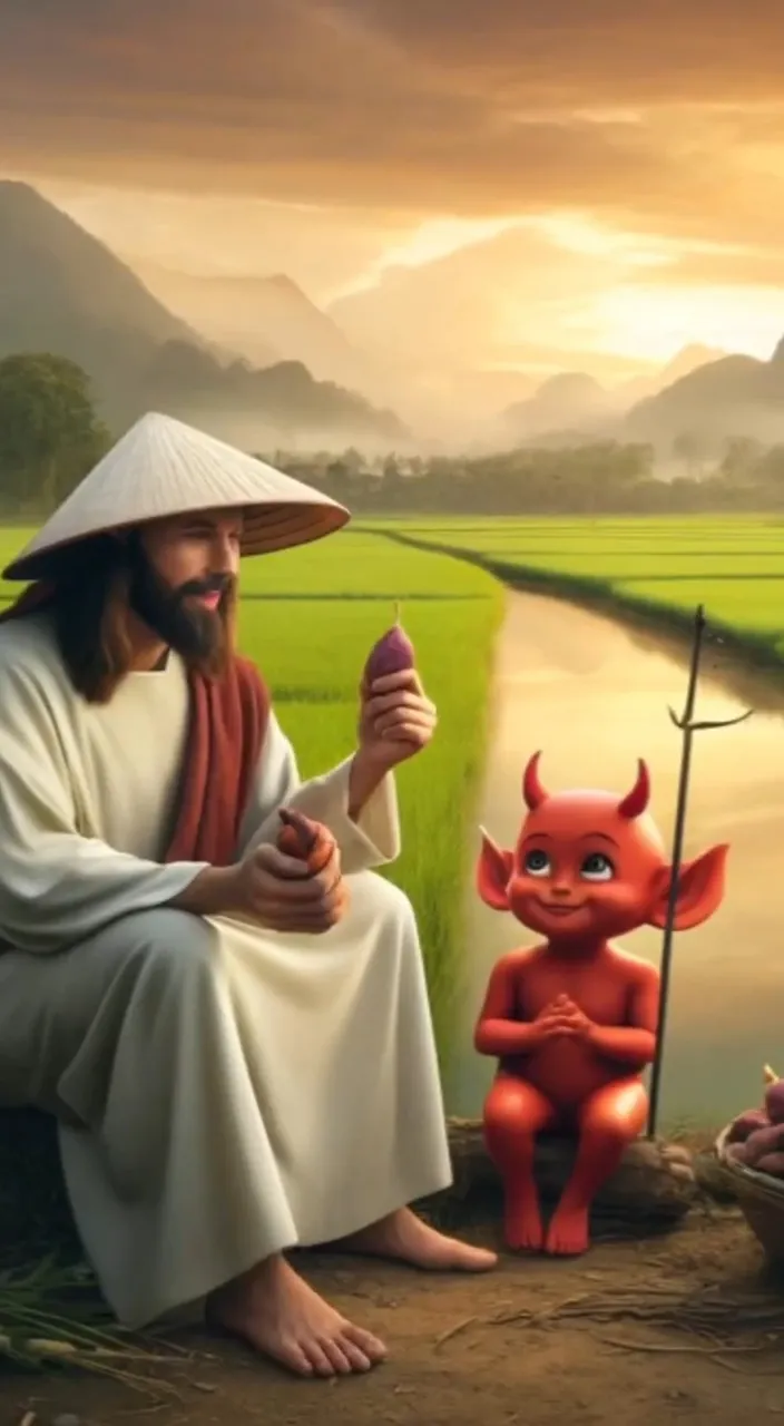 a painting of a man sitting next to a red demon