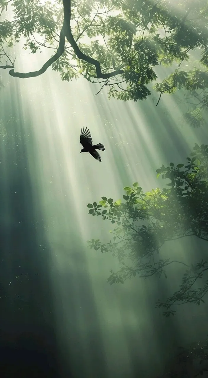 a bird flying through a forest filled with trees