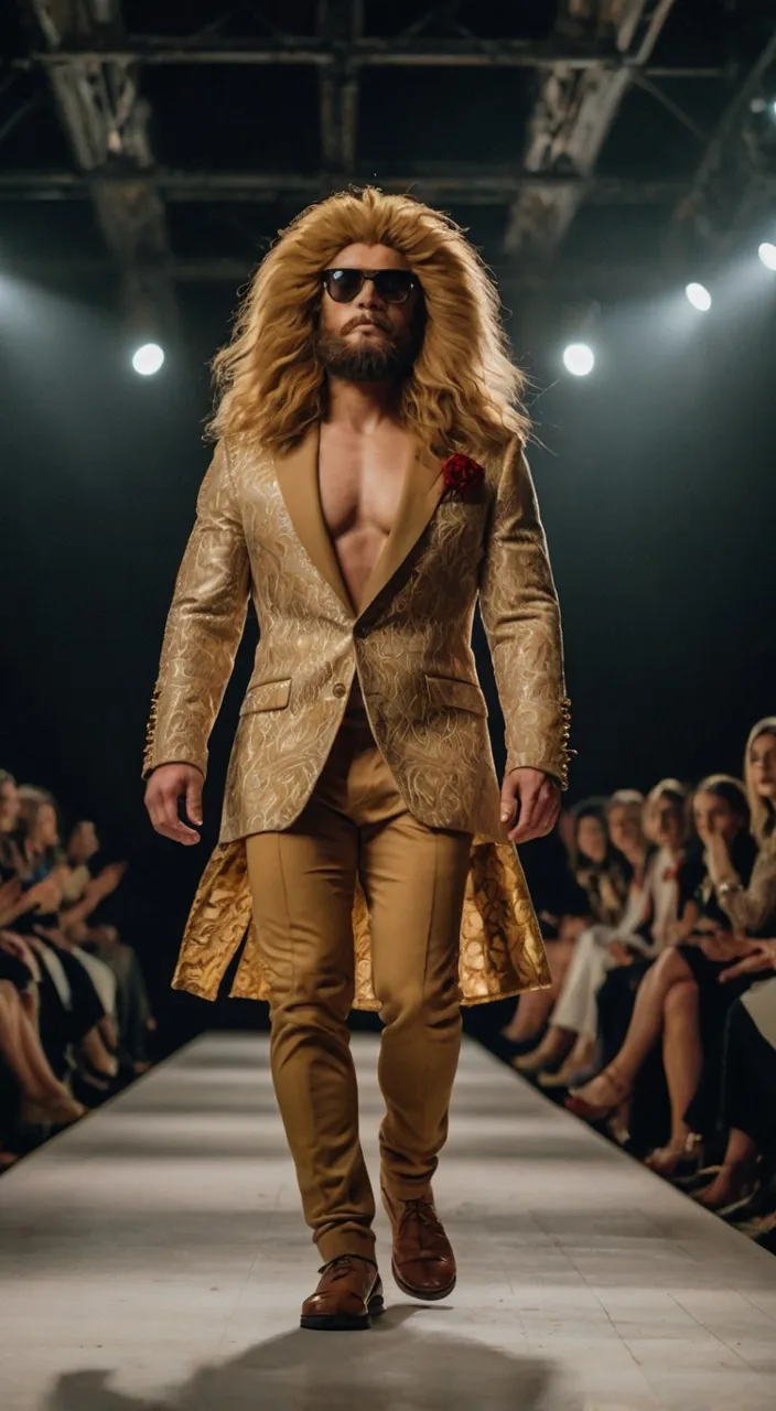 a man with long hair walking down a runway