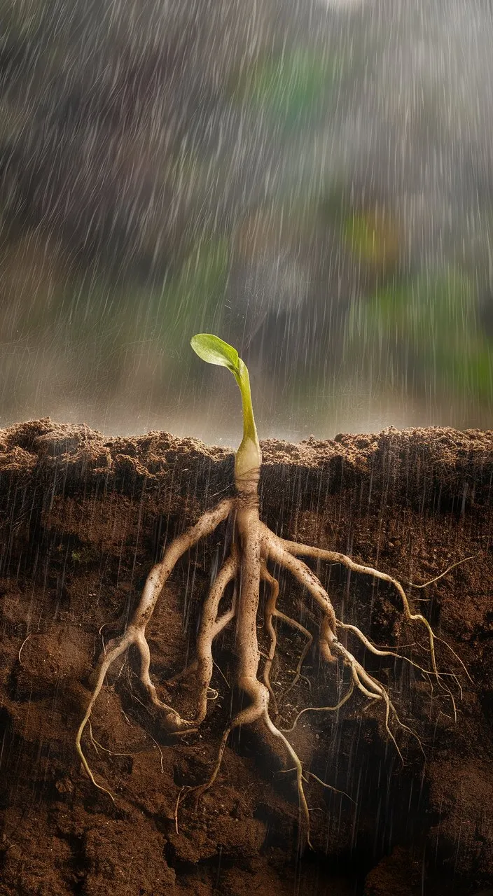 Time-lapse footage captures the seedling's journey as it pushes its roots deeper into the soil, facing challenges such as rain showers and gusts of wind along the way.