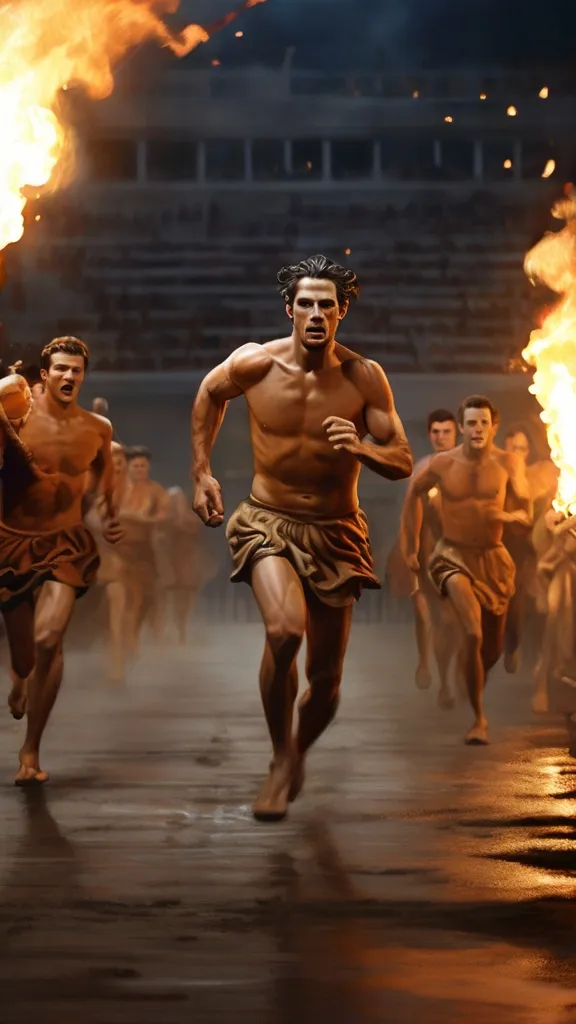 a group of men running in front of a fire