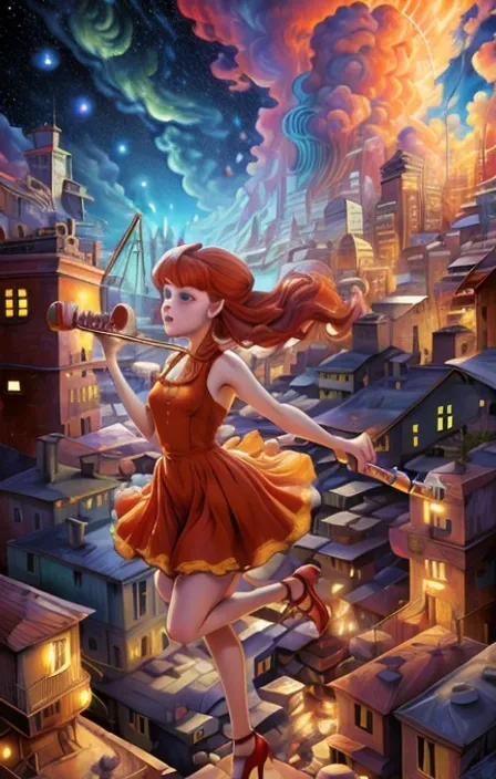 a painting of one woman in a red dress dancing on a rooftop over a city