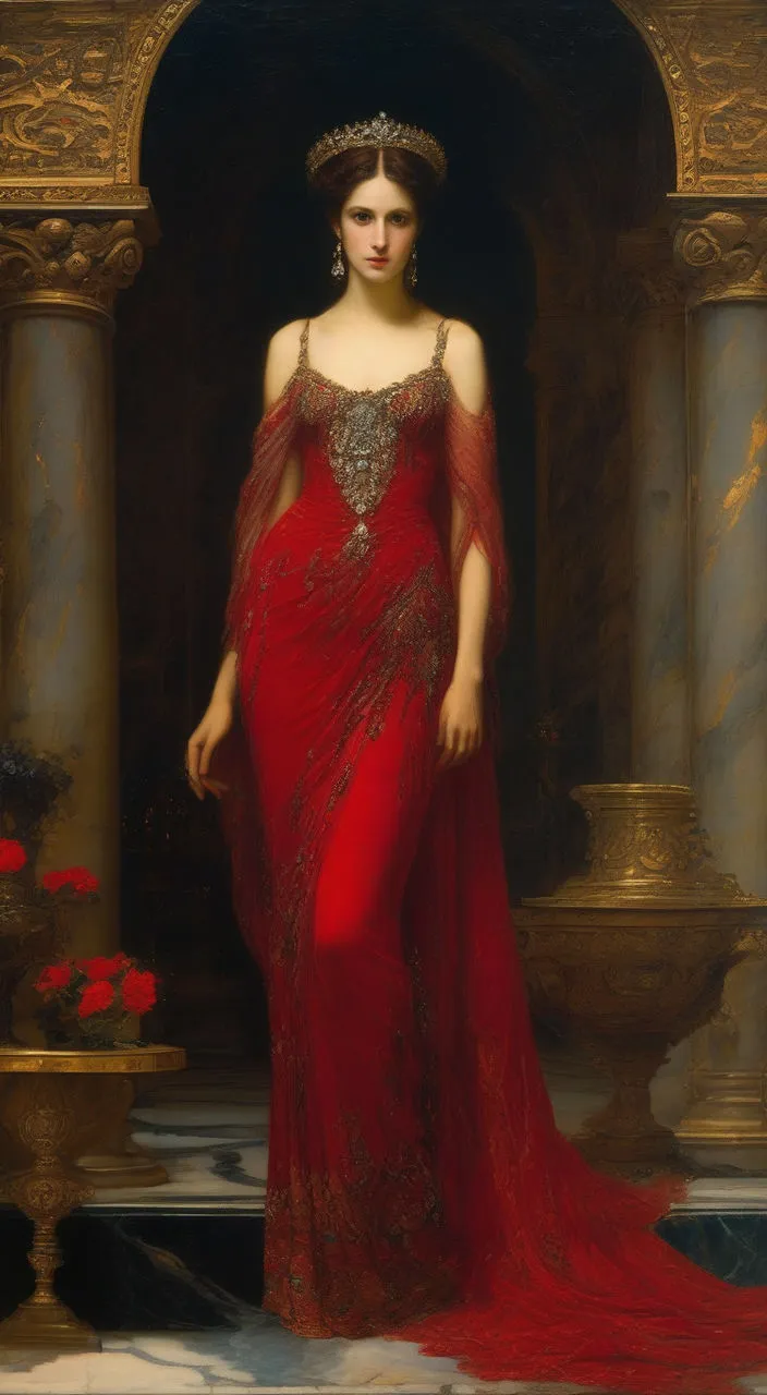 A dimly lit room. Salome, dressed in a flowing, crimson gown, stands alone, her eyes filled with a dangerous allure.