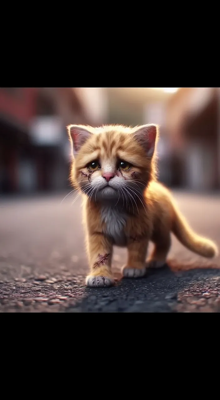 a small orange kitten walking across a street