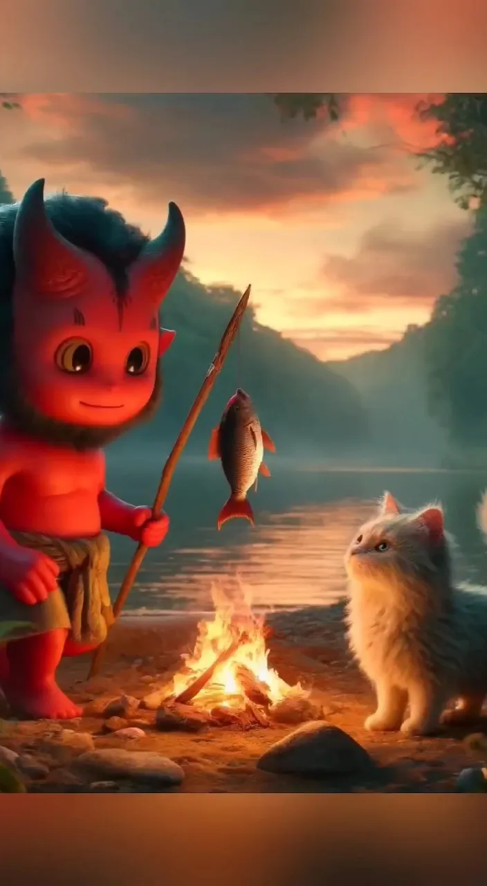 a little red devil holding a fish next to a cat