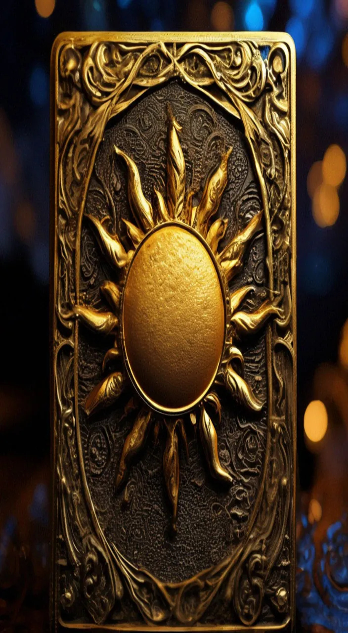 a golden card with a sun design on it