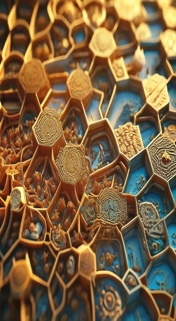 a close up of a pattern made of gold and blue