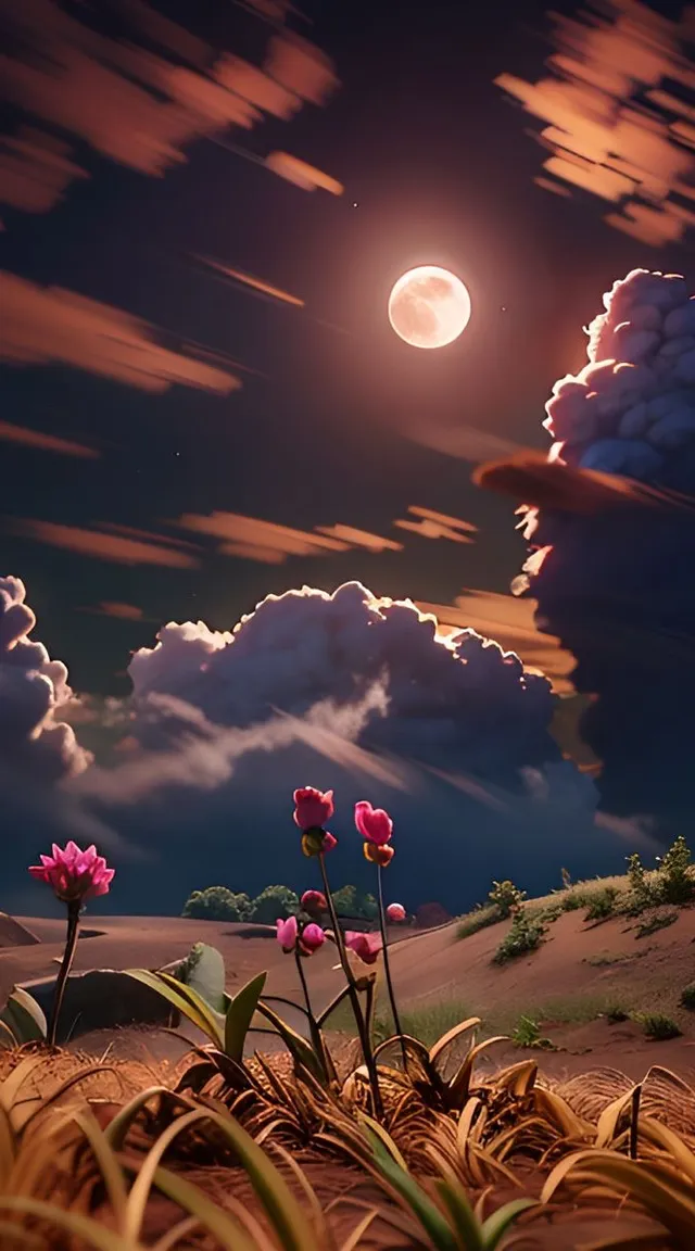 a painting of flowers in a field with a full moon in the background