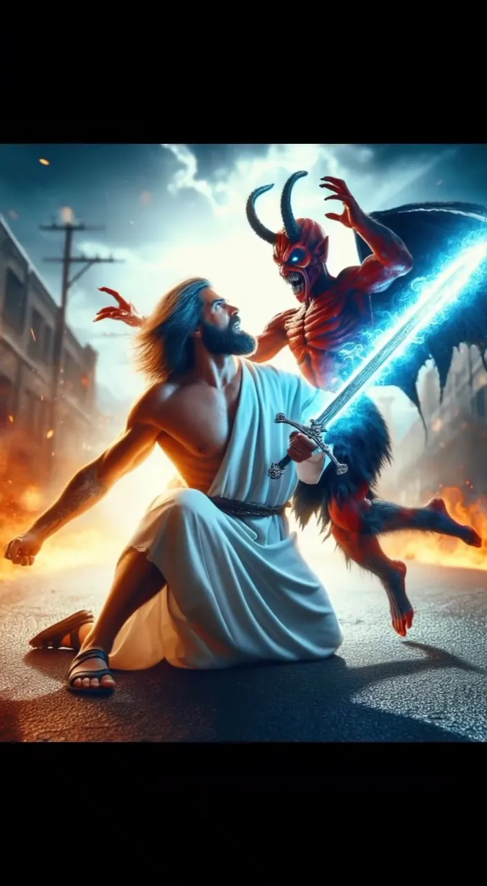 a man in a white dress holding a sword next to a demon