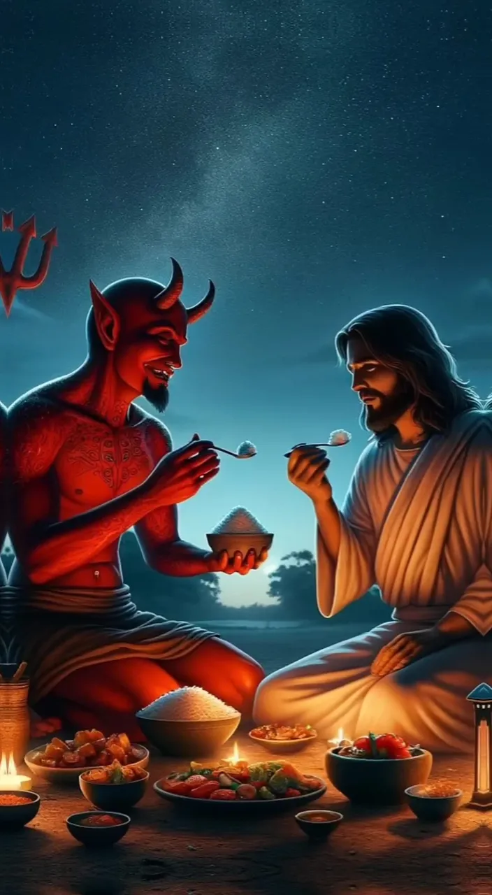 a painting of a man and a demon eating food