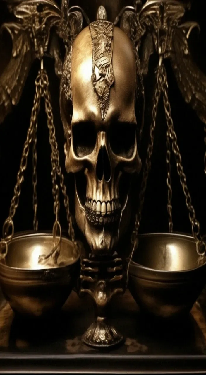 a golden skull sitting on top of a scale