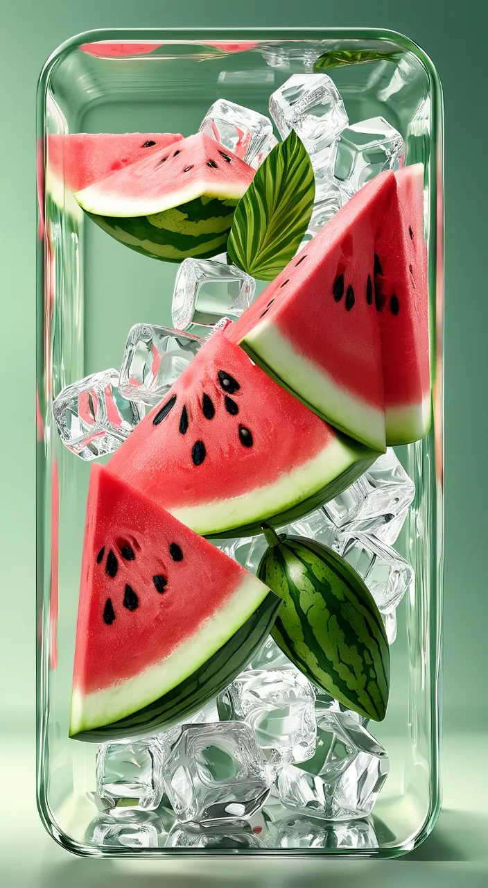 slices of watermelon in a glass of ice