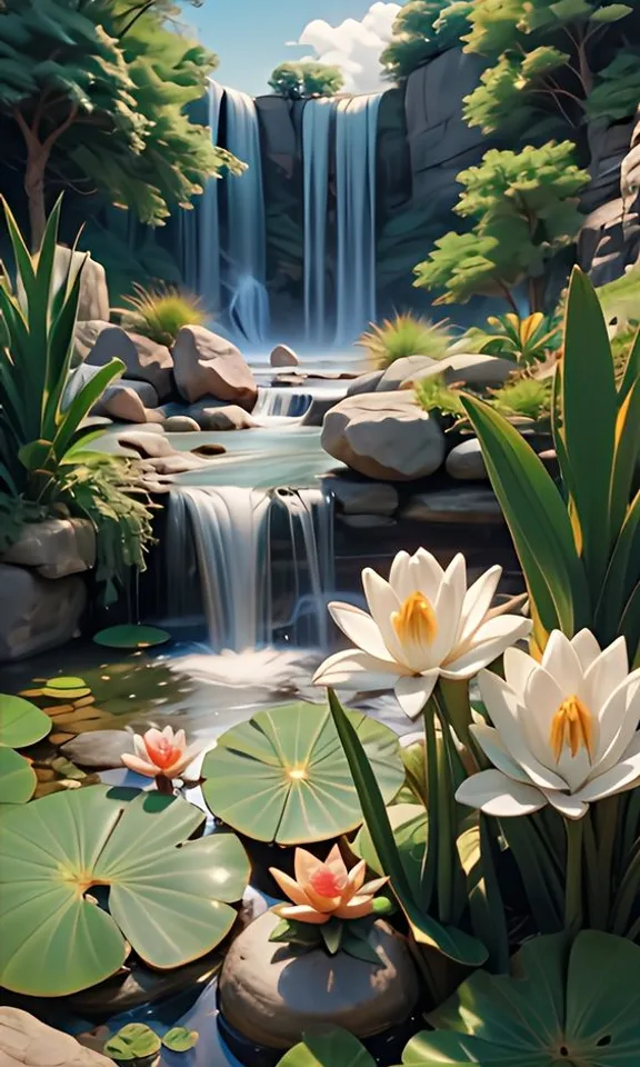 a painting of water lilies and a waterfall