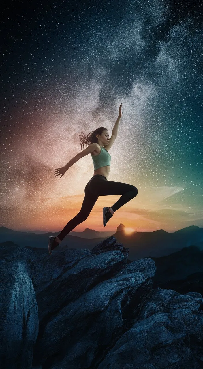 a woman jumping up into the air on top of a mountain