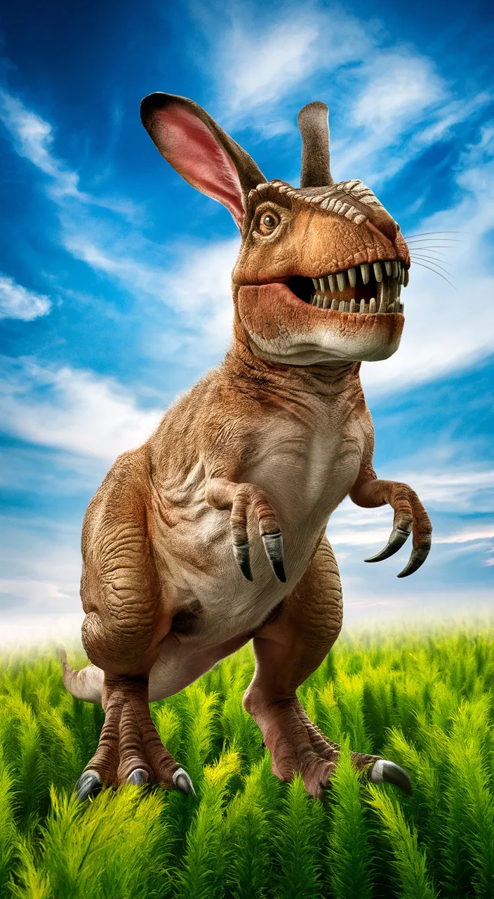 a dinosaur is standing in the grass with its mouth open