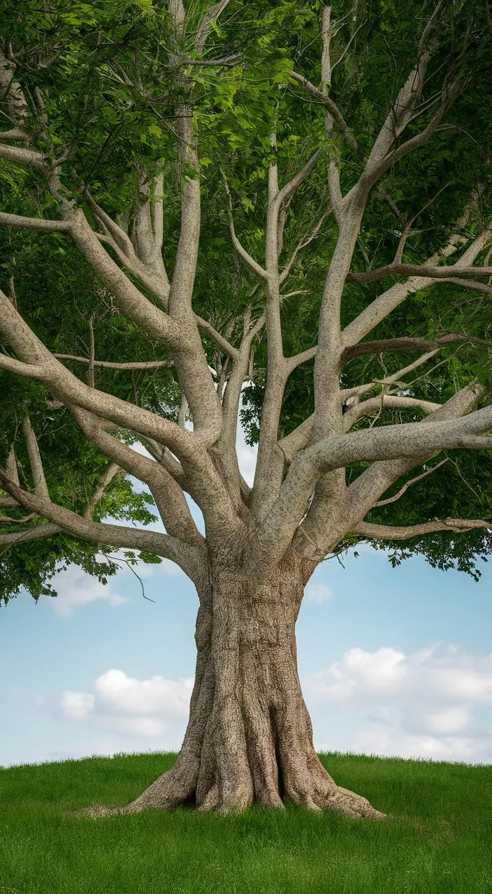 a large tree sitting on top of a lush green field