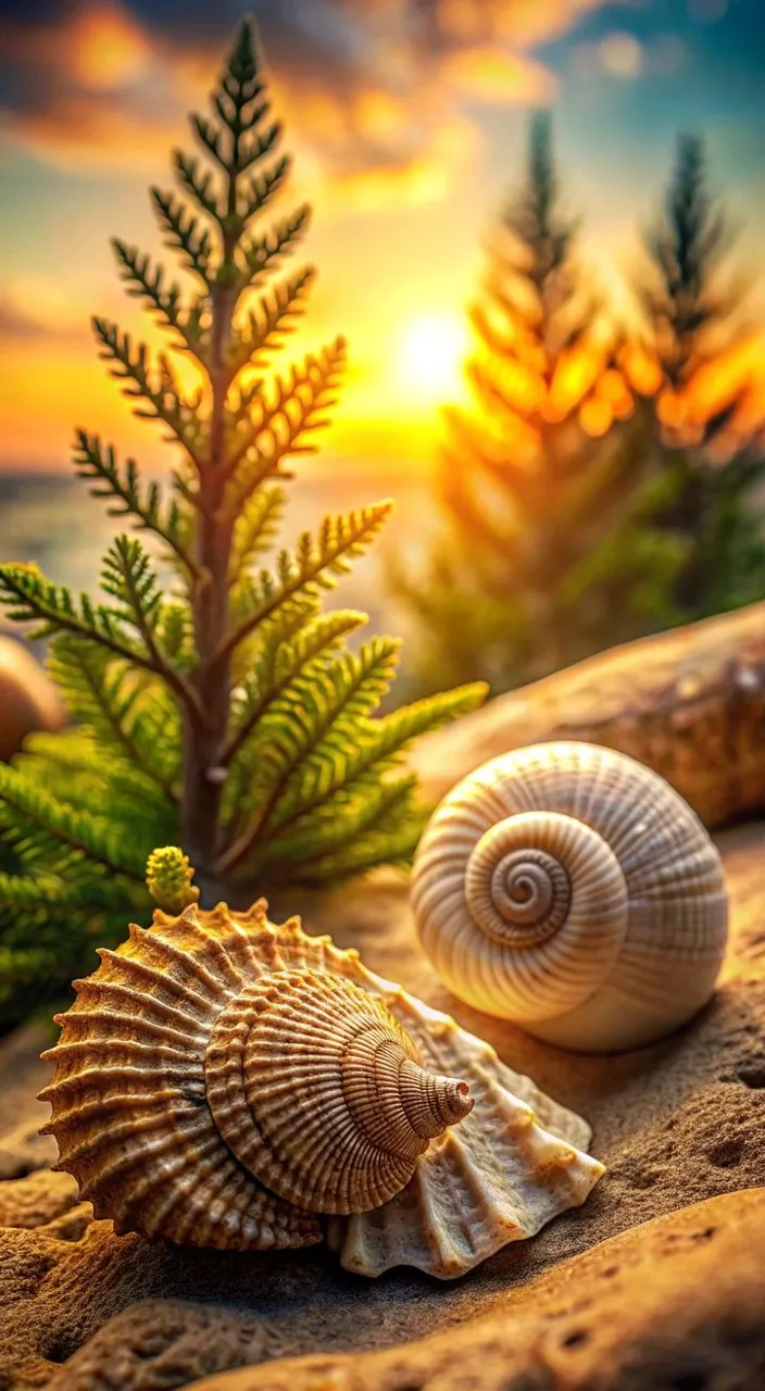 two seashells on a sandy beach at sunset