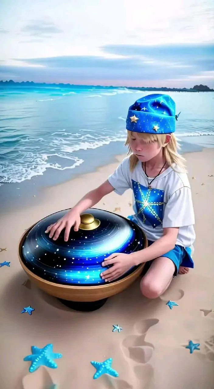 A little girl sitting on a tropical beach next to a crystal-clear ocean, surrounded by vibrant palm trees and colorful sea creatures