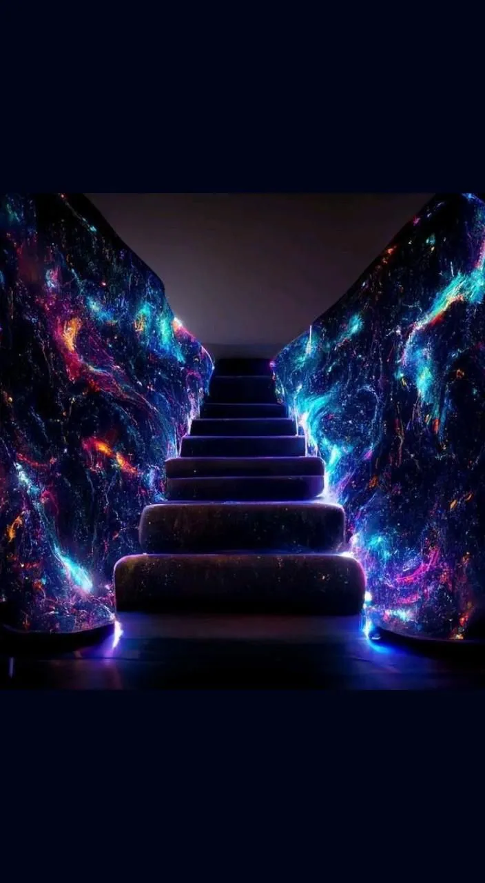 a set of stairs leading up into a space filled with stars