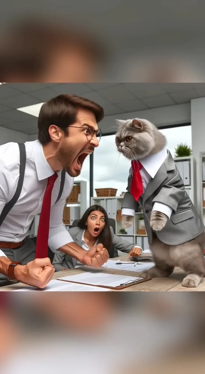 a man in a suit yelling at a cat