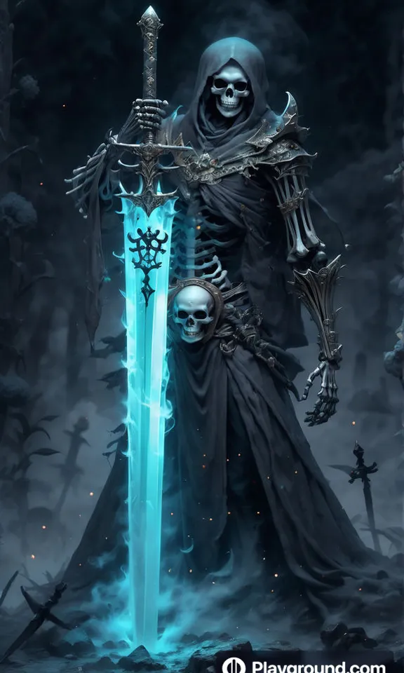 a skeleton holding a sword in a dark forest