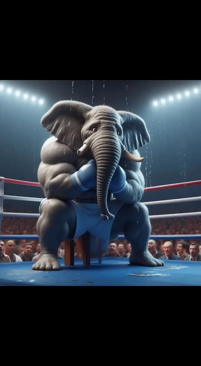 an elephant sitting on top of a chair in a boxing ring