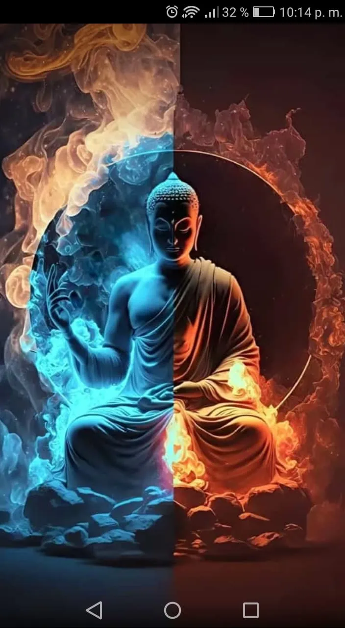 a buddha statue sitting in front of a blue and orange background