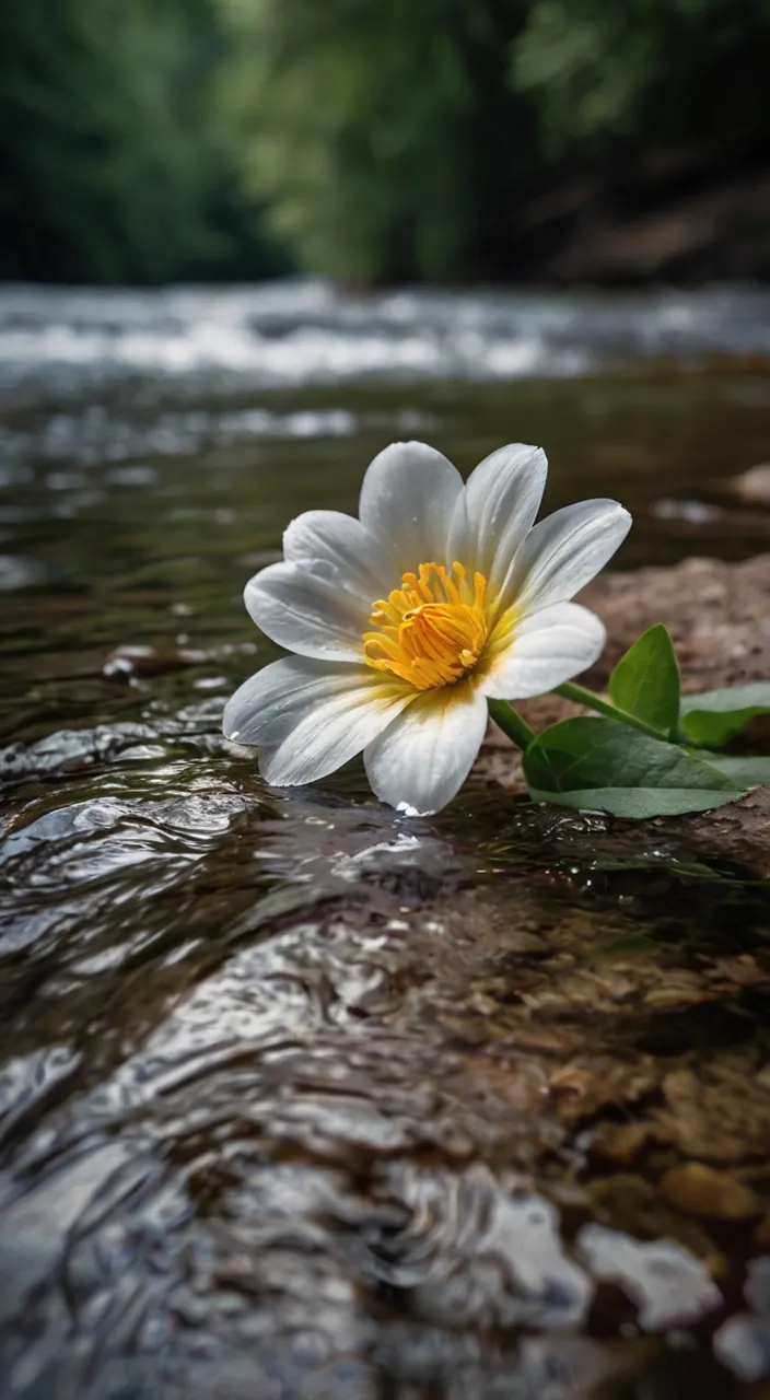 a white flower sitting on top of a river