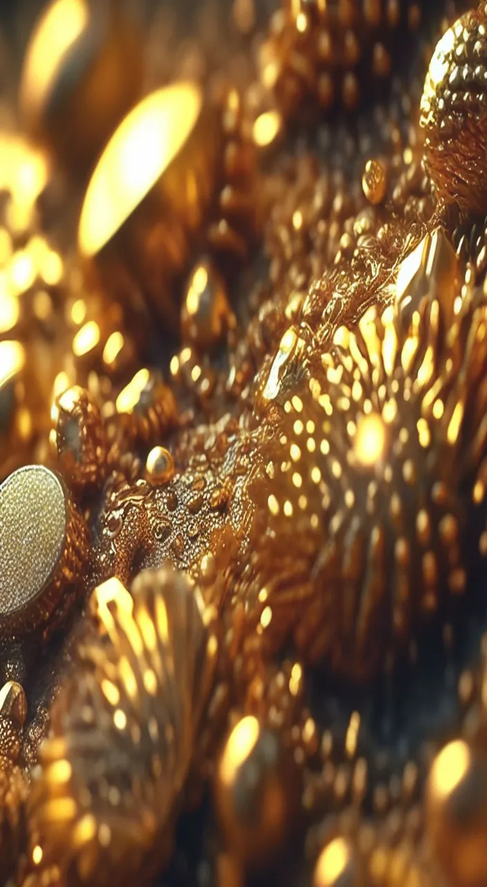 A close-up of gold coins forming a miniature, mosaic-like pattern