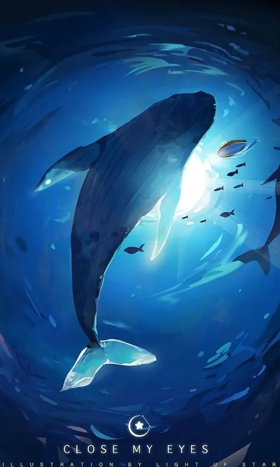 a poster of a whale swimming in the ocean