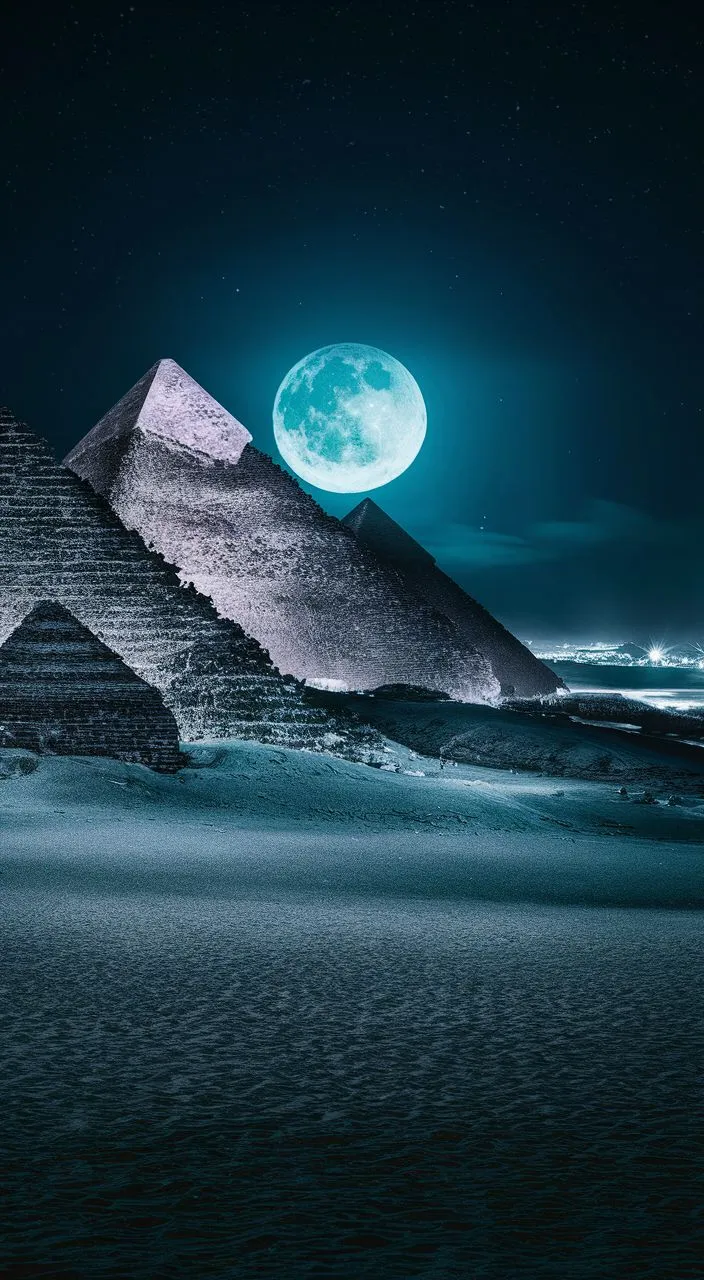 three pyramids with a full moon in the background