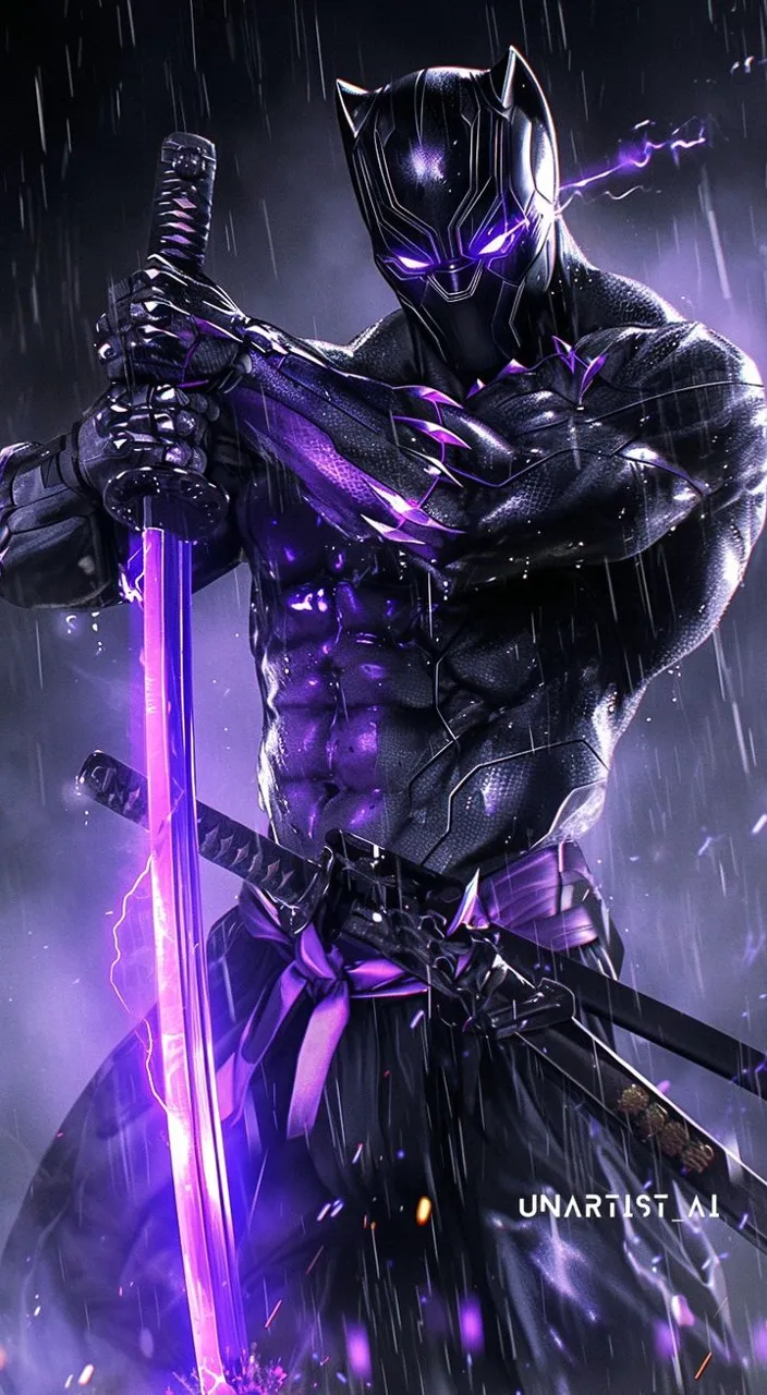 a man with a sword standing in the rain