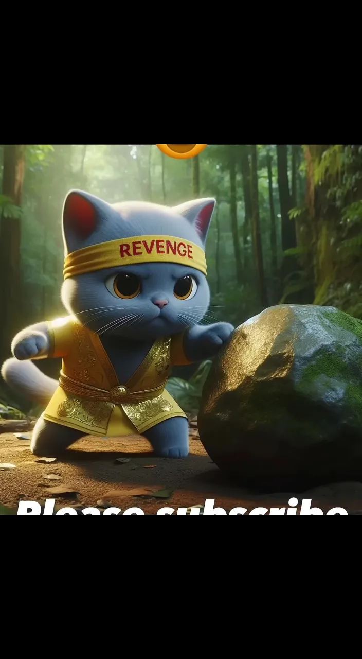 a blue cat in a yellow outfit standing next to a rock