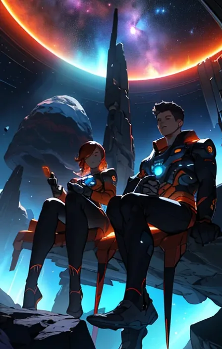 a couple sitting on top of a rock in outer space