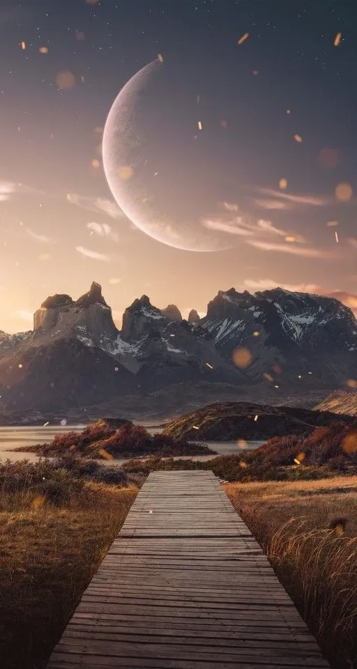 a wooden walkway leading to a mountain range