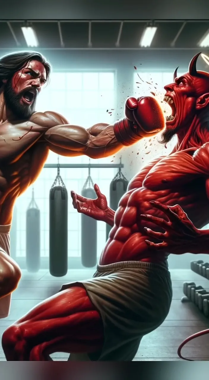 a painting of two men fighting in a gym