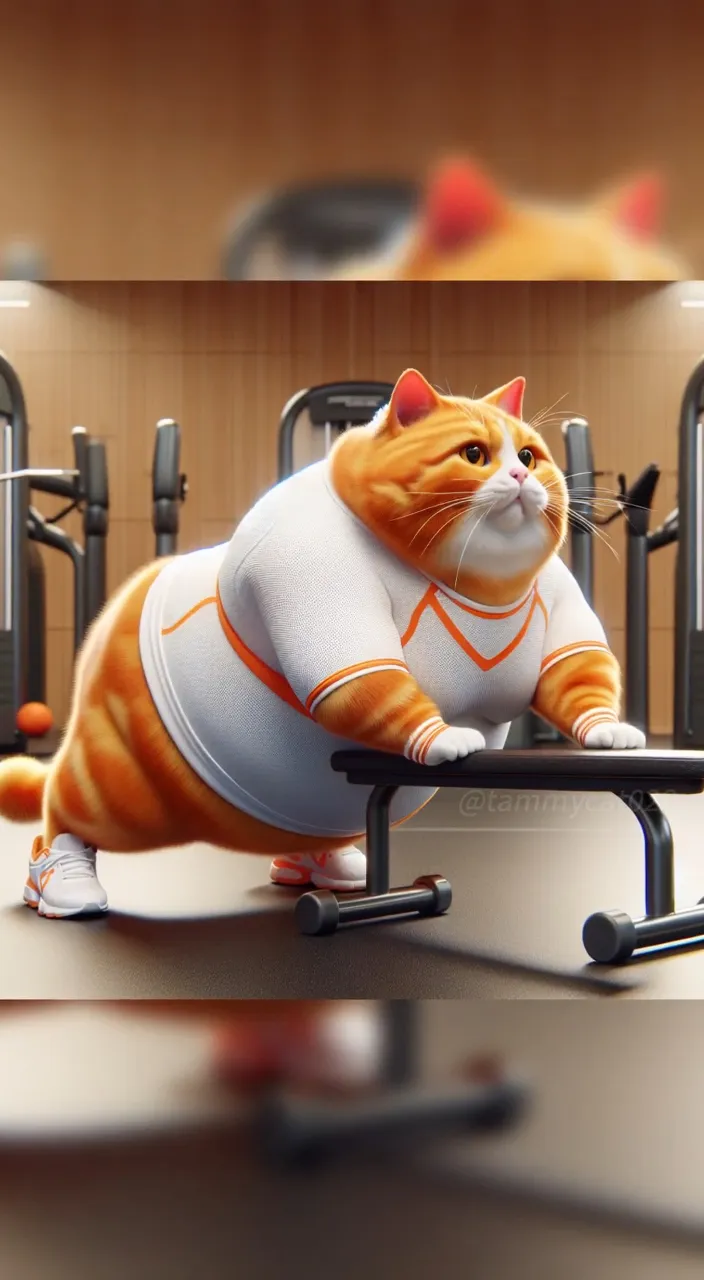 a cat in a t - shirt is on a treadmill