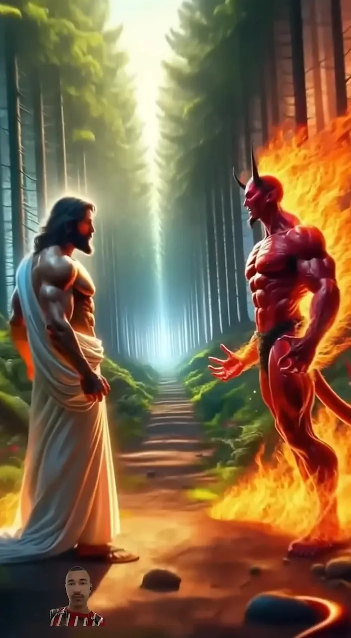 a painting of a man and a demon in a forest