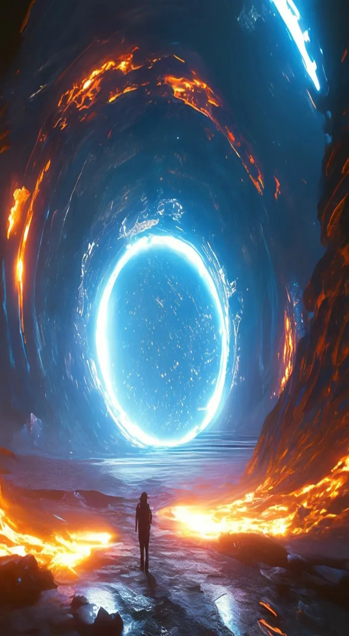 a man standing in the middle of a tunnel of fire