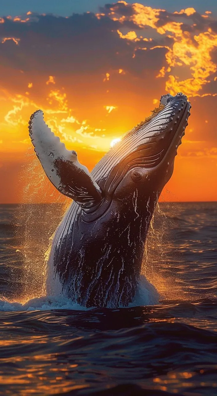 a humpback whale jumping out of the water at sunset