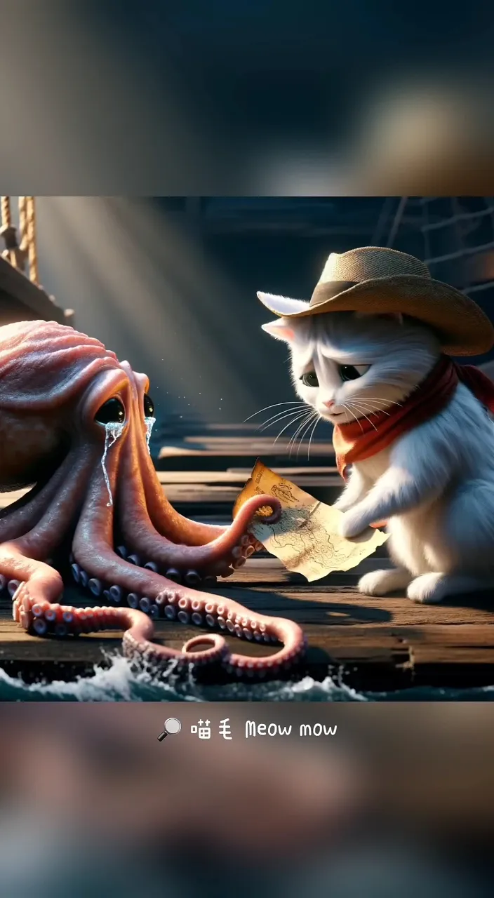 a white cat wearing a hat and holding an octopus