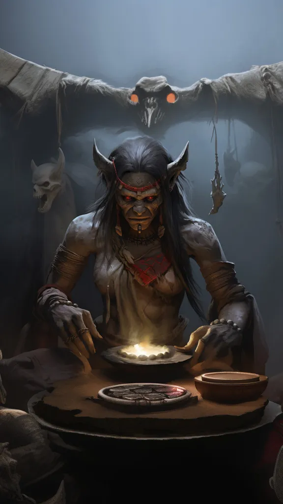 Orc shaman medicine woman sitting at a ritual table under great totem