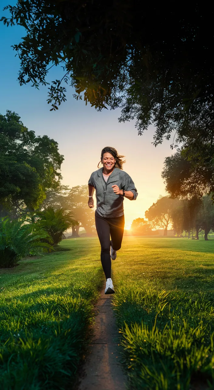 a woman running in a park at sunset