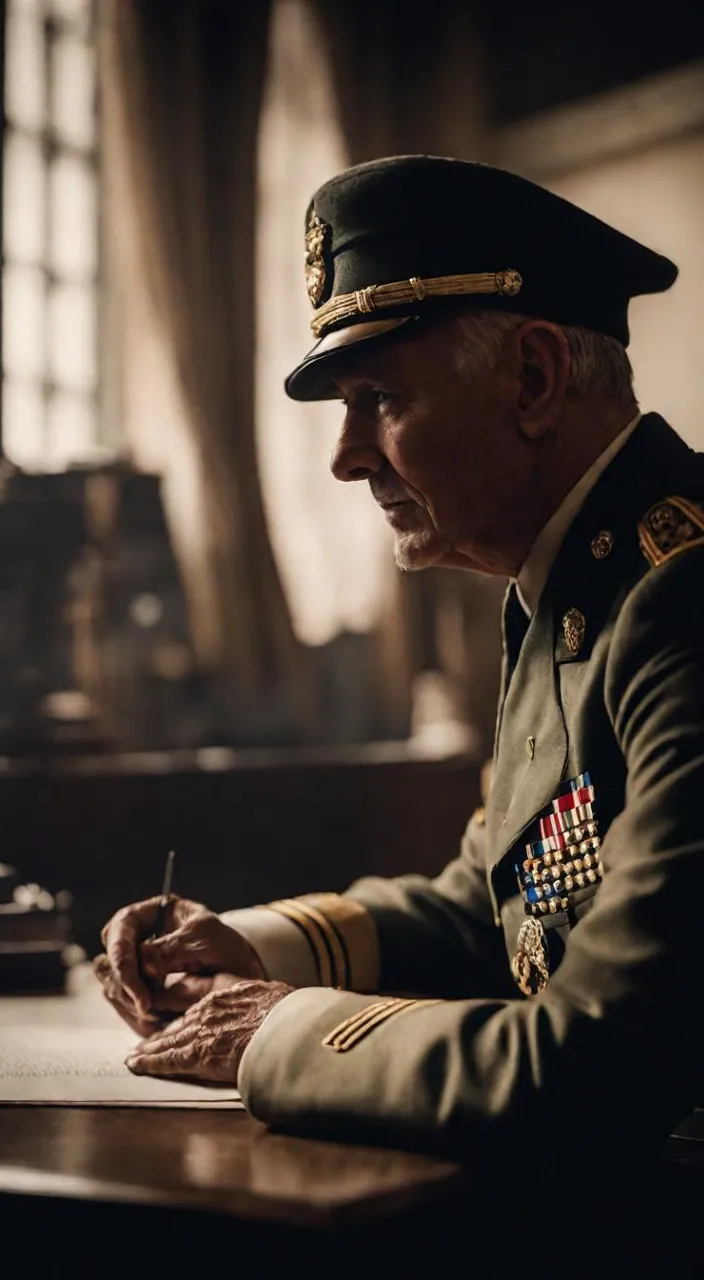 a man in uniform writing on a piece of paper