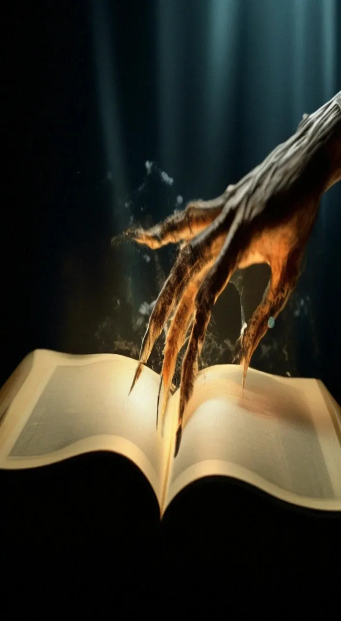 a hand reaching out from an open book